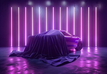 3D render of a car veiled in cloth, set against violet neon light on a dark background.