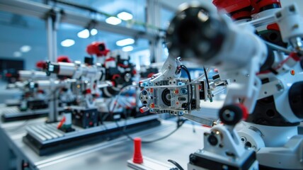 Fototapeta premium Robotics workbench where focusing on assembled robots in a neat engineering lab