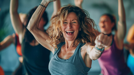 A group of middle-aged women are energetically engaging in a dance class, moving in sync to the music and following the instructors steps with enthusiasm and focus. 