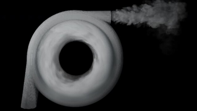 smoke passing into a turbo. smoke in an isolated turbocharger. 3d animation of a smoke turbocharger on alpha channel. car turbo filling with smoke