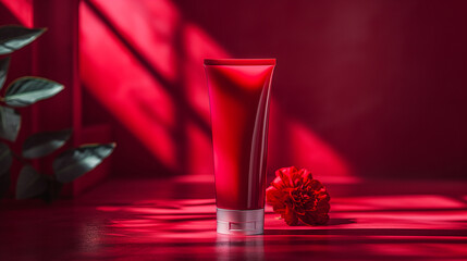 red cosmetic tube standing upright against a matching red background