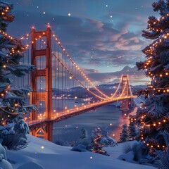 Iconic Bridge Basks in Festive Illumination A Tranquil Winter Evening Tableau