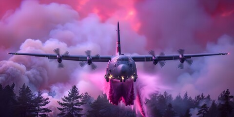 A large firefighting plane releases fire retardant on forest fire at low altitude. Concept Forest Firefighting, Aerial Operations, Wildfire Prevention