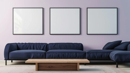 A serene living room with a soft lilac wall. Three blank frames in different sizes are grouped asymmetrically above a contemporary navy blue sofa. A low wooden table is placed in the foreground.