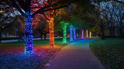 A serene park path lined with trees wrapped in rainbow-colored lights for a night event