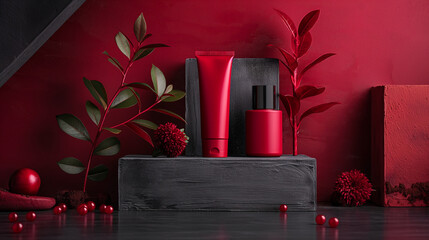red cosmetic tube standing upright against a matching red background