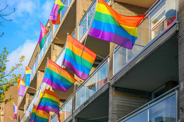 A series of pride flags fluttering on the balconies of an apartment building