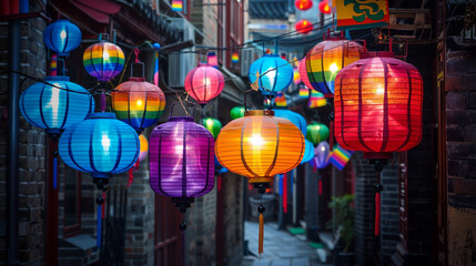 A series of lanterns in the colors of various pride flags hanging across a narrow street