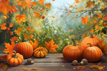 A charming display of autumn treasures including pumpkins, acorns, and leaves, evoking the warmth of Thanksgiving in an outdoor setting.