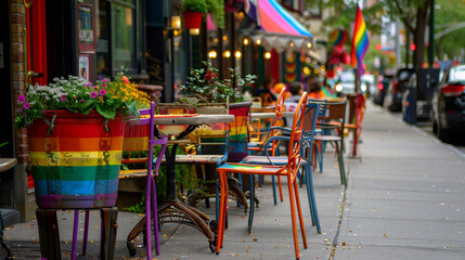 A sidewalk cafe with chairs and tables decorated in the colors of the LGBTQ flag
