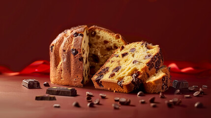 A piece of chocolate cake with chocolate chips on a red background