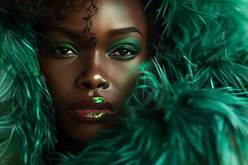 Fashion editorial Concept. Closeup portrait of pretty black woman chiseled features, surround in emerald green soft feathers boa. illuminated dynamic composition dramatic lighting. copy text space