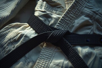 Belt on a white jacket with a black belt, judo uniform. Sport background 