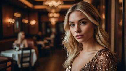 woman in black dress on a fancy dinner date at an upscale restaurant
