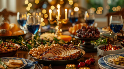 Naklejka premium Lavishly decorated holiday table with candles, festive lights, and a spread of traditional dishes and fruits.