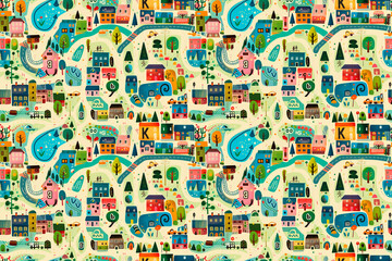 Fototapeta premium A colorful cityscape with houses, trees, and a river
