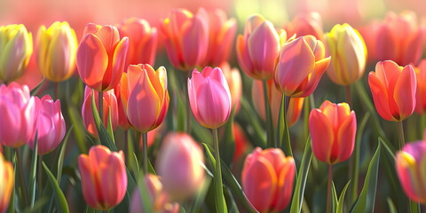 Fototapeta premium Vibrant tulip field harmonizes with wind, painting nature's masterpiece.