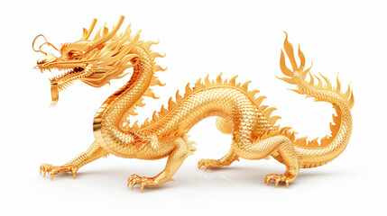 A stunning golden dragon statue, representing Chinese tradition and culture, stands proudly on a white background. 