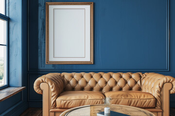 Chic 3D-rendered space with one frame on a sapphire blue wall, tan leather sofa, and a vintage wood table.