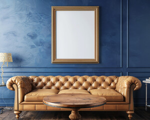 Chic 3D-rendered space with one frame on a sapphire blue wall, tan leather sofa, and a vintage wood table.