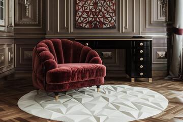 Chic art deco bedroom interior with a frontal view of a ruby armchair, a black ornate desk, and a white geometric rug.