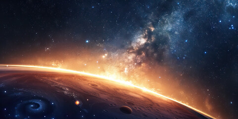 Obraz premium Galactic Symphony: Milky Way Over Vivid Planet and Luminous Rings