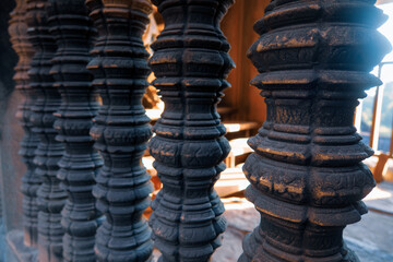 Historic rock carved spindles at Angkor wat temple, Amazing architecture built in 11th century.