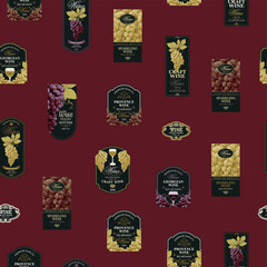 Seamless pattern with ornate wine labels in retro style. Repeating vector background on the theme of wine and wineries. Suitable for vintage Wallpaper, wrapping paper, fabric