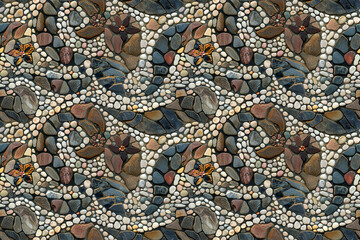 Seamless pattern of mosaic stones with floral elements