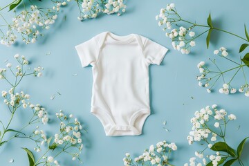 Blank white cotton baby short sleeve bodysuit on pastel blue background with white flowers. Infant onesie mockup. Gender neutral newborn bodysuit template mock up. Top view 