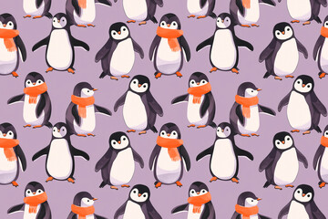 Obraz premium Seamless pattern of cute penguins with scarves on a purple background