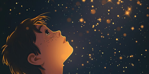 A starry-eyed explorer stares up at the night sky, their imagination filled with the twinkling lights of distant stars