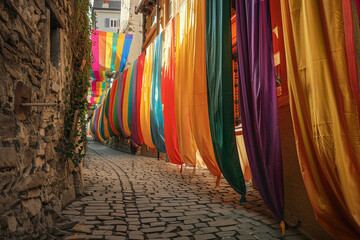 Colorful pride banners draped along a quaint cobblestone street in an old town