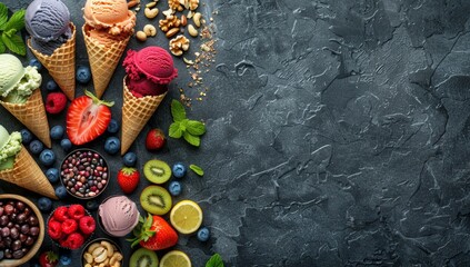 A variety of colorful ice cream cones with different flavors and ingredients, including fruits like strawberries or blueberries, nuts such as walnuts or hazelnuts, and shades of green mint leaves. 