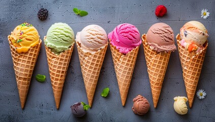 A variety of colorful ice cream cones with different flavors and ingredients, including fruits like strawberries or blueberries, nuts such as walnuts or hazelnuts, and shades of green mint leaves. 