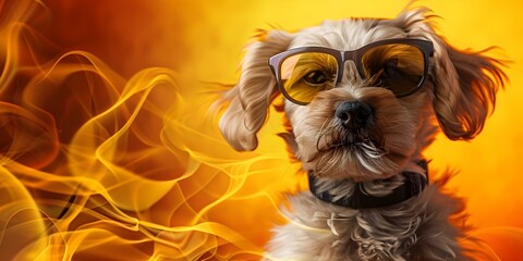 Puppy in sunglasses against a vibrant background with AI-inspired elements. Concept Puppy Portraits, AI-Inspired, Vibrant Background, Sunglasses, Playful Theme