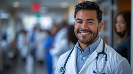 Smiling Male Doctor with Stethoscope in Busy Hospital Hallway