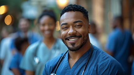 Smiling Male Nurse in Blue Scrubs with Stethoscope in Hospital Setting