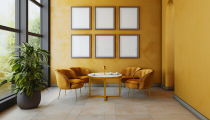 Contemporary breakfast nook with four frames over a mustard yellow wall, featuring a golden tulip table and ochre curved chairs.