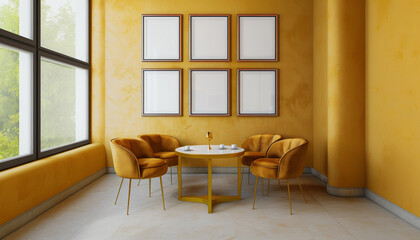 Contemporary breakfast nook with four frames over a mustard yellow wall, featuring a golden tulip table and ochre curved chairs.