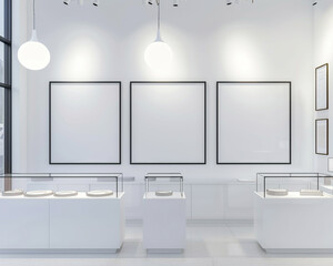Contemporary chic boutique with four frames on a white wall, white display counters, and modernist white hanging lights.