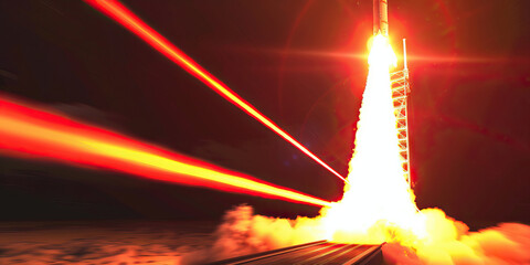 A brilliant red streak follows a rocketship's thrilling launch, as it soars skyward, leaving awe-inspiring trails of fire.