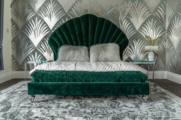 Elegant art deco bedroom design with a frontal view of an emerald green velvet headboard, silver patterned wallpaper, and a plush grey area rug.