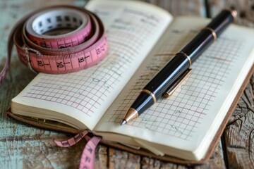 Pen and a tape on a notebook with a tape, diet plan concept 