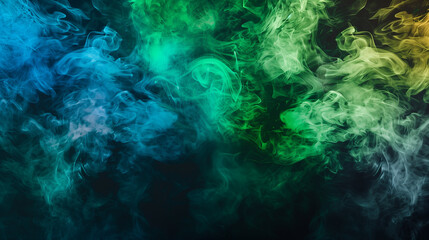 Bright green and blue smoke billows in the air, creating a colorful and abstract backdrop.