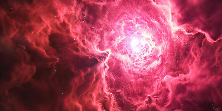 An ethereal pink nebula thrums with vibrancy, its center aglow.