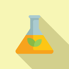 Minimalist ecofriendly lab research concept with scientific flask. Green leaves. And environmental symbol flat design icon in vector illustration. Biology. Ecology. And biotechnology