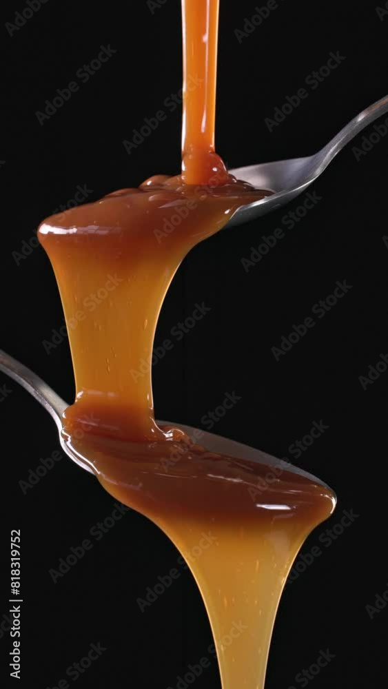 Poster melted caramel sauce flowing from metal spoon on black background. food close up, slow motion, verti