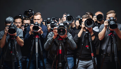 Group of photographers with cameras on black background. Paparazzi