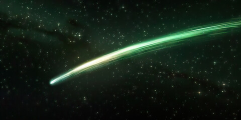 A comet streaks across the blackness of space, its tail leaving a bright green trail. 